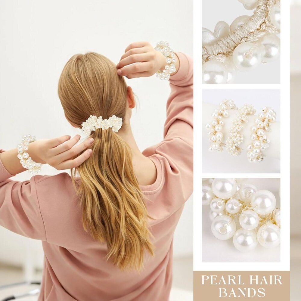 6 Pcs Pearl Hair Scrunchies Faux Beaded Hair Ties Stylish Ponytail Holders Women - Picture 3 of 7